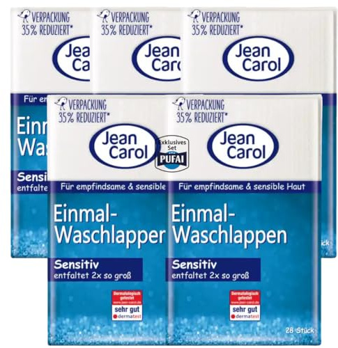 Jean Carol Einmal-Waschlappen sensitiv – 28 Stück, 5er Pack | Weich & hautfreundlich | Für sanfte Reinigung & Pflege empfindlicher Haut