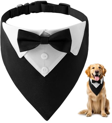 HMCEY Bandana per Cani Formale 36-60 CM,Collare Smoking Cane con Foulard e Papillon,Sciarpa Cravatta Cane Regolabile,Costume Elegante per Animale Domestico per Matrimoni, Compleanni, Festa - Nero