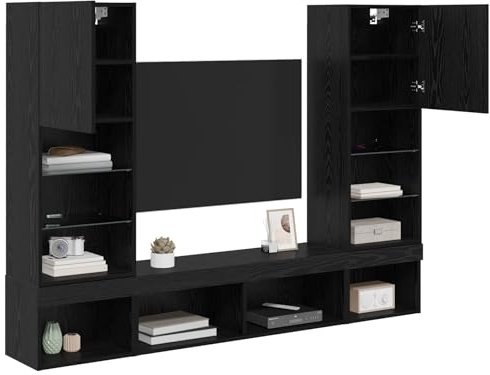 vidaXL Unités murales TV avec LED 5 pcs Chêne Noir Bois d'ingénierie, Salon, unité Murale TV Moderne, Rangement Gain de Place, étagère rectangulaire, Meuble Suspendu