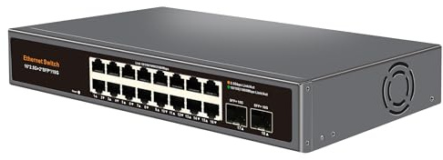 Davuaz Switch Ethernet non gestito a 18 porte 2,5 G, porte RJ45 16 × 2,5 G, 2 × 10G SFP+ Uplink, supporta 100/1000/2500 Mbps, involucro metallico senza ventole, plug & play, ideale per AP wireless
