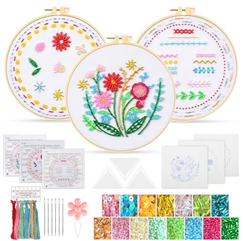 EEEKit Kit di Ricamo con Perline per Principianti, 3 Set di Cucito per Adulti, Kit Fai da Te con Telaio Fili Aghi per Cucito Creativo