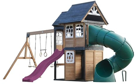 AXI Noud Aire De Jeux en Bois, 2 Balançoires, Toboggan Tubulaire Et Toboggan Violet | Maisonnette XXL pour Enfants avec Structure d'escalade Et Trapèze | pour Le Jardin