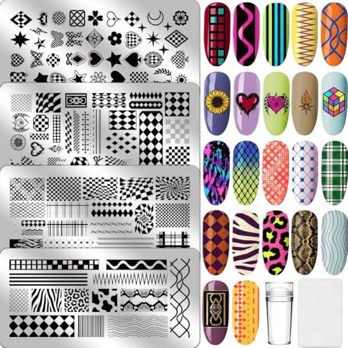 PRESSINART Juego de Placas de Estampado de Uñas A Cuadros con 4 Hojas 4.72 x 2.36 Pulgadas Placa de Estampado de Uñas con Textura de Cuadros Corazón Estrella Y Varios Patrones. Plantilla Reutilizable