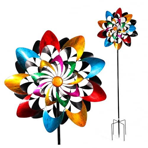 Lemodo Windrad Garten Kaleido, Windspiel Garten mit 2 gegenläufigen Propellern, buntes Windrad Metall, 60 cm Durchmesser, 212 cm hoch, mit Erdspieß, für Beet, Vorgarten, Terrasse & Balkonbereich