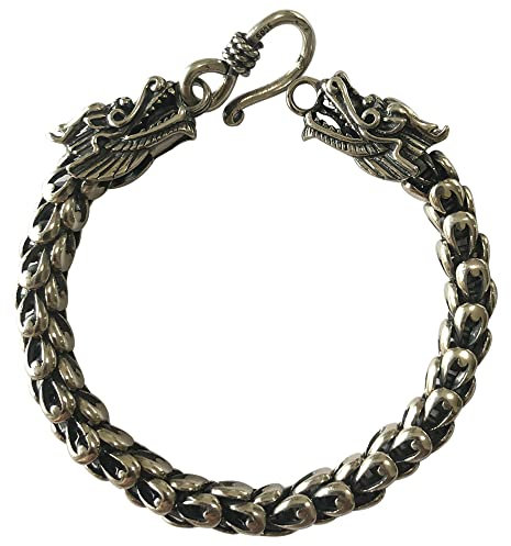 ForFox Pulsera de dragón chino de plata de ley 925 vintage pulsera de cadena de eslabones con doble cabeza de dragón joyería hecha a mano para hombre niño 8mm 21cm