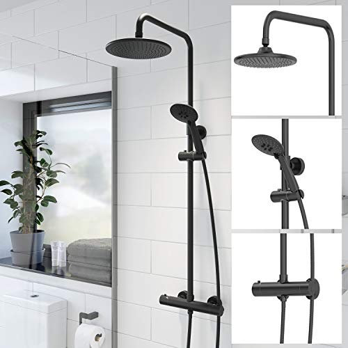 Architeckt® Thermostatic Shower Mixer Set with Rainfall Head Valve Adjustable Riser Rail Handset and Hose Showers Thermostat Round, Matt Black