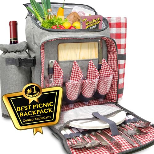 Nature Gear Großer Picknick-Rucksack, isolierte Tasche mit abnehmbarem Weinkühler & Picknickdecke, inklusive Geschirr-Set für 4 & Picknickzubehör, wasserdichter Outdoor-Reiserucksack für Strand, Rot