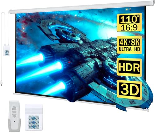 Kayle Pantalla de proyector motorizada de 110 pulgadas, proyección automática diagonal eléctrica 16:9, pantalla de películas HD para cine en casa, presentación, educación, al aire libre, interior, con
