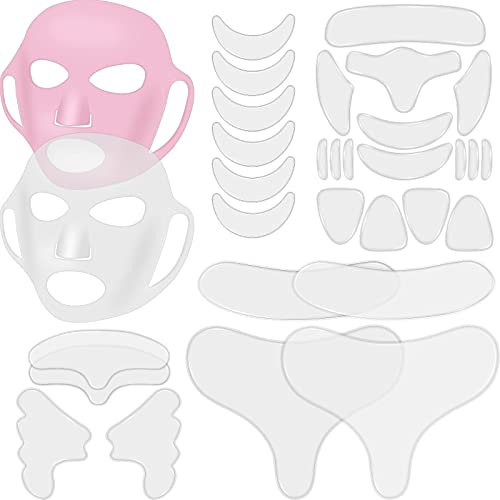 32 Cuscinetti in Silicone per Viso Torace Collo Riutilizzabili Patch Antirughe per Fronte Maschera Facciale Pad per Lifting Facciale Cerotti Antirughe per Occhio Bocca (Trasparente, Rosa)