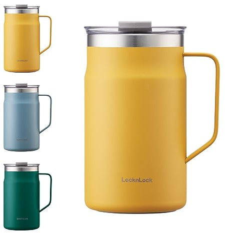 LocknLock Metro Becher aus hochwertigem 18/8 Edelstahl, doppelwandig, isoliert, mit Griff, perfekt für Tisch mit Deckel, Gelb, 590 ml