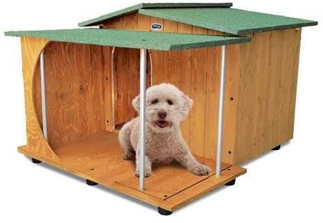 Hundehütten Hundehaus Hundehöhle mit Veranda Aus Massiv Holz Echtholz Geshenk THERMOVORHANG Made in Italy Mod. Oasi B - Pudel 72x89xH53