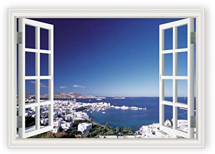 JZSDGB Tableaux sur Toile de Paysage-Impression sur toile fausse fenêtre-Mur Art Tableaux Décoration Murale 3D fenêtre Vue-bâtiment blanc Image sur Toile 30x45cm(12x18in) Sans cadre