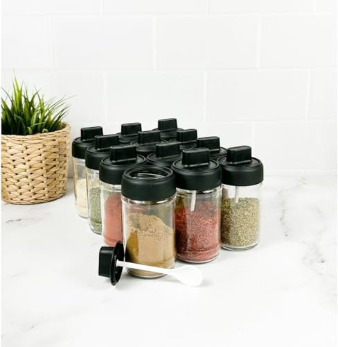 Orgingift 12 Pcs Conteneurs à condiments avec cuillère Ensemble d'assaisonnements de 300 ml Ensemble de condiments en verre haut Ensemble de services d'exposition de conteneurs Pots à épices