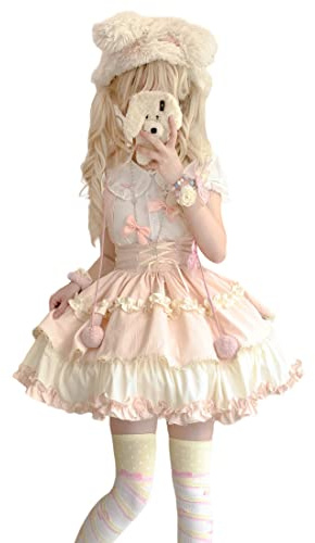 HIMI HIMIFASHION Adolescenti Carino Gonna Corta Lolita Dolce A Balze Gonne con Cintura Elastico In Vita A-line Bretelle Gonna, Rosa e bianco., S