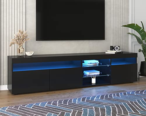 BTM Meuble TV Moderne, Banc TV LED, avec Panneau Lumineux,pour Salon, Salle à Manger, Chambre, Rangement Pratique, Noir Brillant, 180x35x45cm