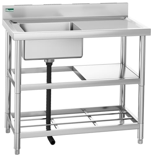 YITAHOME Kitchen Single Bowl Sink with Drainboard Stainless Steel Utility Sink Floorstanding Outdoor with Worktop and Shelves Portable Catering for Restaurant Kitchen Hotel Bar Garage