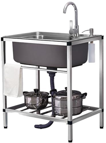 Lavandino da Esterno in 304 Acciaio Inox,Lavello Cucina 1 vasca,Lavelli Commerciale Autoportante Professionale con Rubinetto,Lavatoio da Giardino Campeggio,per Garage Lavanderia ( Color : Hot and cold