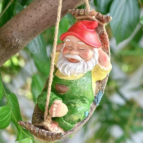 1 decoración de gnomos de jardín para patio, estatuas colgantes al aire libre, gnomo soñoliento en hamaca de hoja oscilante, adornos de árbol de resina, figuras para decoración de tronco, rama,
