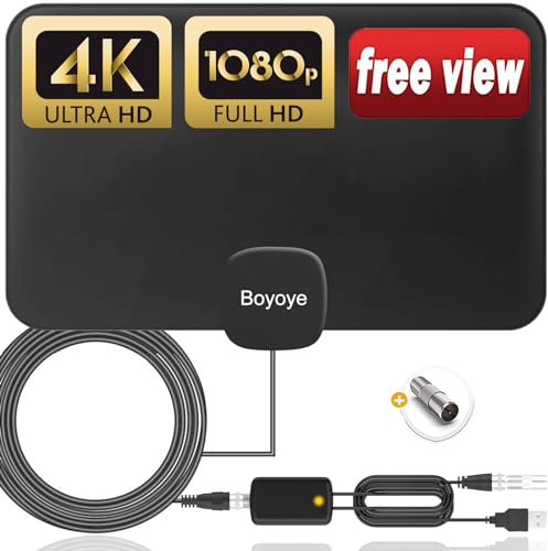 TV Aerial, Boyoye 2024 Newest Indoor TV Aerial Long 280+ Miles Range - Support 4K 1080p HD VHF UHF All TV's - Indoor Smart Amplifier Signal Booster - 16.5ft Coax HDTV Cable (2024NEW DZ280)