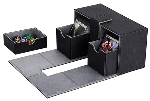 Deck Box für Magic the Gathering Karten, PU-Leder Sammelkarten Box für 200+ Karten mit Würfelfach 2 Trennfächer, Kompatibel mit MTG TCG Commander PTCG Spielkarten, für Sammeln und Tauschen(Schwarz)