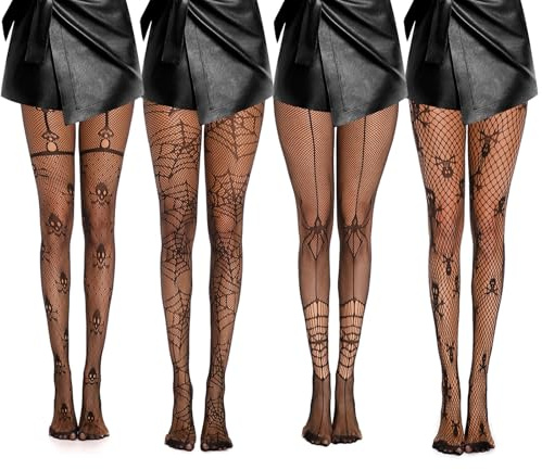 Yuqilin 4 Pièces Collant Halloween Femme, Peur Collant Halloween, Sexy Resille Noir, Deguisement Femme, pour Accessoire Costume Fantaisie Crâne Carnaval Fête (Style A)