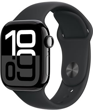 Apple Watch Series 10 (GPS 42 mm) Smartwatch mit Aluminiumgehäuse in Diamantschwarz und Sportarmband in Schwarz (S/M). Fitnesstracker, EKG App, Always-On Retina Display, Wasserschutz