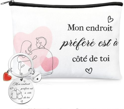 Xuniea Coffret “Mon Endroit Préféré Est à Côté de Toi” - Pochette Cosmétique en Toile & Porte-Clés pour Copine, Amoureuse ou Fiancée, Idéal pour Attentions Affectueuses, Anniversaires ou Noël