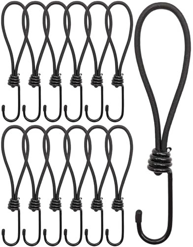 BINCKIN Short Bungee Cords with Hooks 20cm - 12 PCS Bungees Cord with Hook, Heavy Duty Bundy Cord with Hooks, Tarpaulin Hooks for Camping, Tents, Fixings (Black)