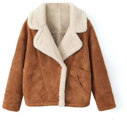 PKIMKM Damen Lose Vintage Lammwolle Mantel mit Pelzkragen Größe S M L, Karamellfarbe, L