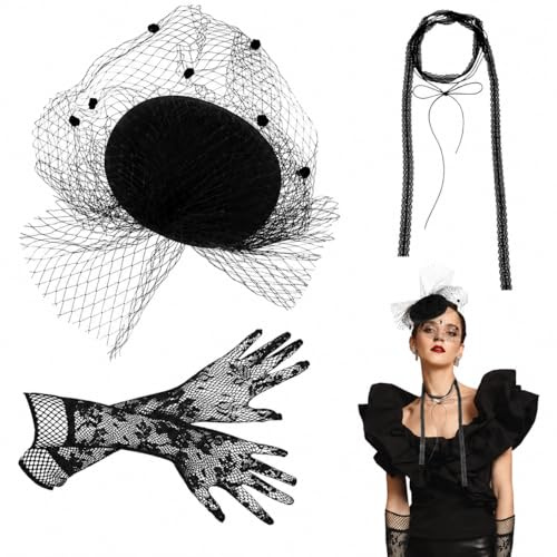 CZAYEFNH Fascinator Hut?Faszinierender Hut Damen - Eleganter Fascinator Schwarz für Beerdigungen und Formelle Anlässe - Vintage Stil Damen Huts Set mit Handschuhen und Halskette