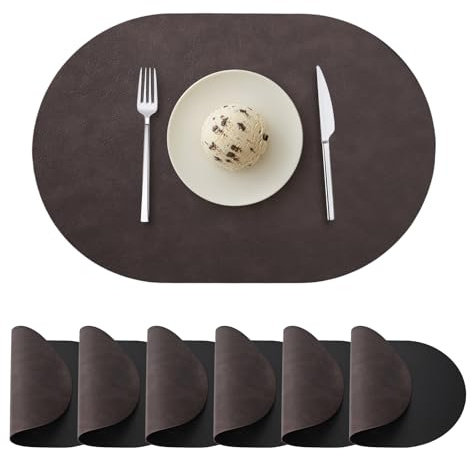 Ovale Tischsets 6er-Set, Kunstleder-Tischsets für Esstisch beidseitig nutzbar hitzebeständig waschbare abwischbare Tischsets für drinnen draußen Dunkelbraun/Schwarz