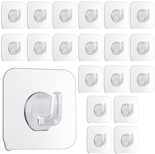 REEKNOKOL 20 Stück Klebehaken, selbstklebende Haken, Kunststoffhaken zum Aufkleben, transparente Klebehaken zum Aufhängen von Wandhaken, zum Aufkleben ohne Nägel für Küchen- und Badezimmertüren