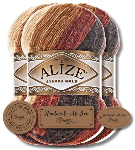 Hobby YARN Alize 3 x 100 g Angora guldbatik med 3 x etikett som set, premium ny ull med färggradient ull stickgarn, accenter för virkning stickade kläder (2626)