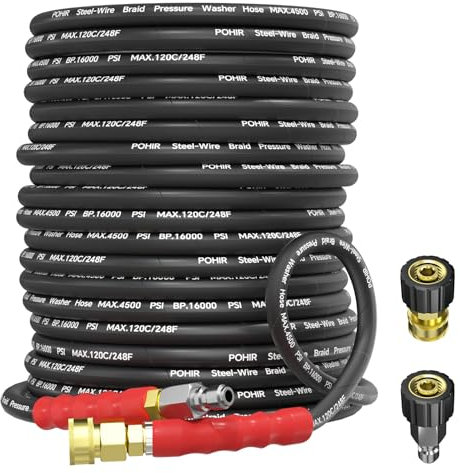 POHIR 50ft Pressure Washer Hose 4500PSI, 3/8 Inch Power Washing Hose Steel Wire Braided with Swivel Quick Connector & 2pcs M22 Adapter Set, Kink Resistant Commercial Grade for Cold and Hot Water 248°F