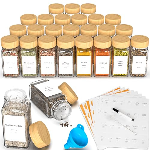 DIFULI 36 Gewürzgläser Eckig Set mit Deckel, 120ml Gewürzdosen mit 340 Etiketten, Gewürzstreuer Spice Jars Gewürzbehälter mit Trichter mit Streueinsatz,Leeren Aufklebern, Sieben (36 bambus)