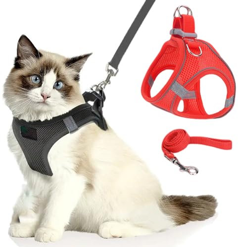 Katzengeschirr, Katzenleine Mit Geschirr füR Katzen, Atmungsaktive Bequemes Anti Ausbruch Geschirr für Katzen Mit Reflektierenden Streifen (rot,L)