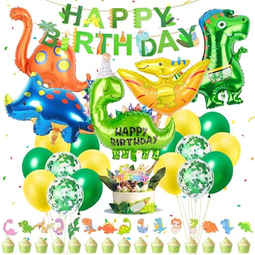 Muyohix Dino Geburtstag Deko, 38 Stück Dino Deko Kindergeburtstag, XXL Dinosaurier Geburtstagsdeko, Luftballons Grün Gelb für Dinosaurier Dschungel Party Kindergeburtstag