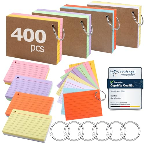 Siumir 400 Stücke Karteikarten, Doppelseitiger Druck, A7 Lernkarten, mit Krafteinband und Loseblattring, Acht Farben Linierte Karteikarte, geeignet für Büros & Wohnungen & Schulen (10.5 x 7.4 cm)