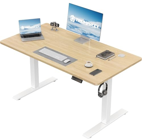 TRIUMPHKEY Height Adjustable Electric Standing Desk 110 x 53cm with Memory Smart Pannel Sit Stand Desk with Backpack Hook Stand Up Table Work Table for Home Office(Beige)