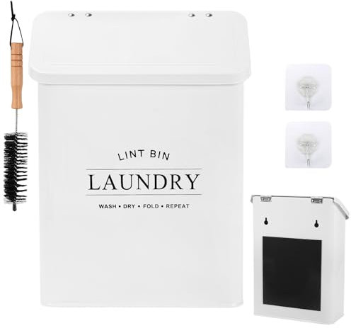 Tefola Contenedor magnético de pelusa para lavandería, cubo de basura de metal duradero para colección de pelusas de secadora, organizador de lavandería de granja, incluye tapa y cepillo de pelusa