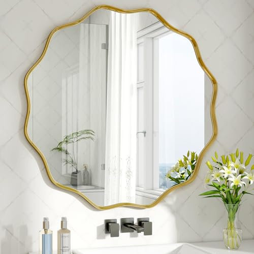 BEAUTYPEAK Runder Spiegel 76 cm, Großer Wandspiegel mit Gewellter Kante | Badezimmerspiegel mit Gold Aluminiumrahmen, zum Aufhängen und Anlehnen, Rund Wandspiegel für Schlafzimmer, Flur, Zimmer Deko