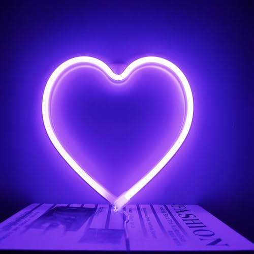 Letrero LED de neón con forma de corazón, luz de neón para niñas, decoración de habitación rosa, dormitorio o dormitorio, lámpara de corazón alimentada por USB o batería para boda, día de San Valentín