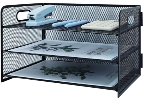 HIHOBDAY 3 Tier Paper Organiser Mesh Letter Tray Metal Magazine File Desk Storage For Office School Home, Black