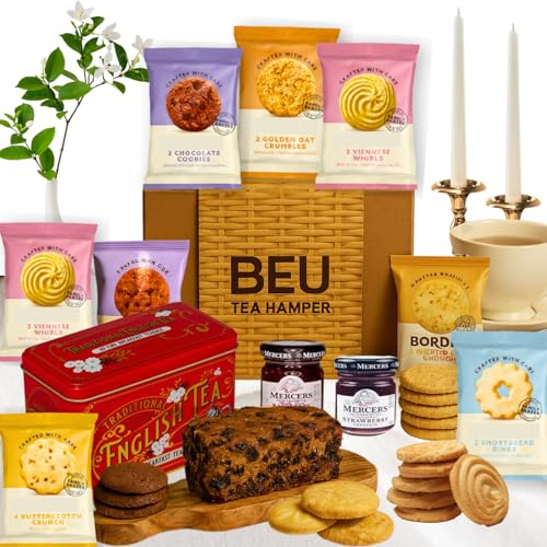 Afternoon Tea Hamper Gift Set – Premium 40 Tea Bags, Jam, Fruitcake and 8x 2 Pack Biscuits Hamper & Gourmet Gifts – Birthday Hampers for Women, Fathers Day Hampers for Dad