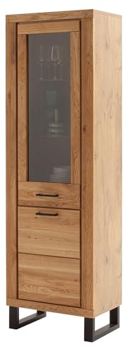 Lomadox Wohnzimmer Vitrine Vitrinenschrank mit 63 cm Breite in Eiche teilmassiv, 1 Glastür & 1 Holztür, Türanschlag rechts, Echtholz/Massivholz-Fronten, geölt