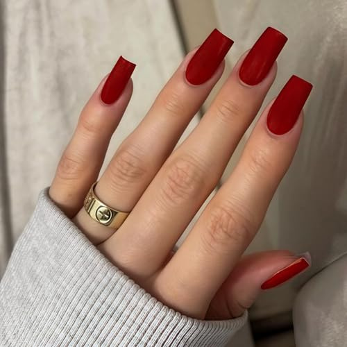 KQueenest Press On Nails Lange Mittel Eckig, Sarg Nägel zum Aufkleben Rot, Matt Jelly-Gel Fake Nails Fingernägel zum aufkleben Ballerina, Einfarbig Acryl Kunstnägel für Frauen, 24 Stück