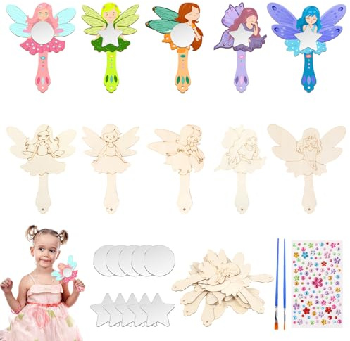 OOTSR 10er DIY Kinder Bastelset Holzspiegel für Mädchen, Malset Prinzessin Fee Handspiegel, Kreative Holz Spiegel Bastelaktivität für Geburtstag & Kinderkunst