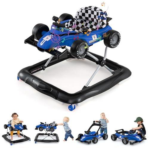 DREAMADE Lauflernhilfe, 4 in 1 Autoförmiger Lauflernwagen mit einstellbarer Geschwindigkeit, Musik & Licht, Babywalker Höhenverstellbar & Klappbar, Gehfrei Baby ab 6 Monate (Modell 2-Blau)