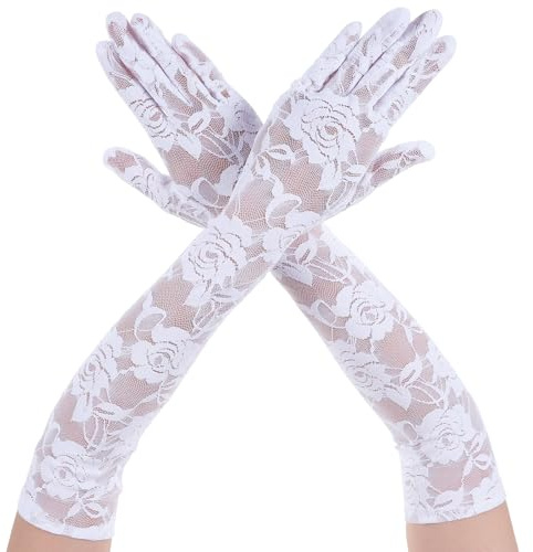 Weiße Spitzen Handschuhe Hochzeit Spitzenhandschuhe Ellenbogen Blumen Lace Gloves Braut Kostüm handschuhe für Halloween Tee Party Handschuhe Tanzhandschuhe 1920er Jahre Kostüm (Weiß/Schwarz)