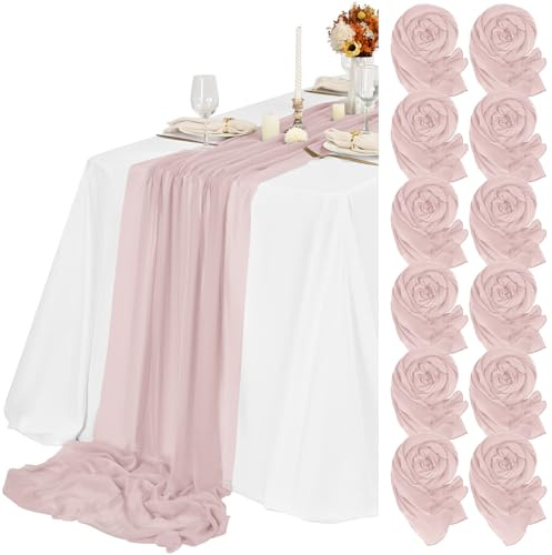 Teruntrue 12 Stück Tischläufer Rosa 55x300 cm Neuer Natürlicher Weichlook Bohemian-Gaze-Käsetuch-Tischläufer für Hochzeit, Party, Babyfeier, Brautshower, Geburtstag-Dekorationen